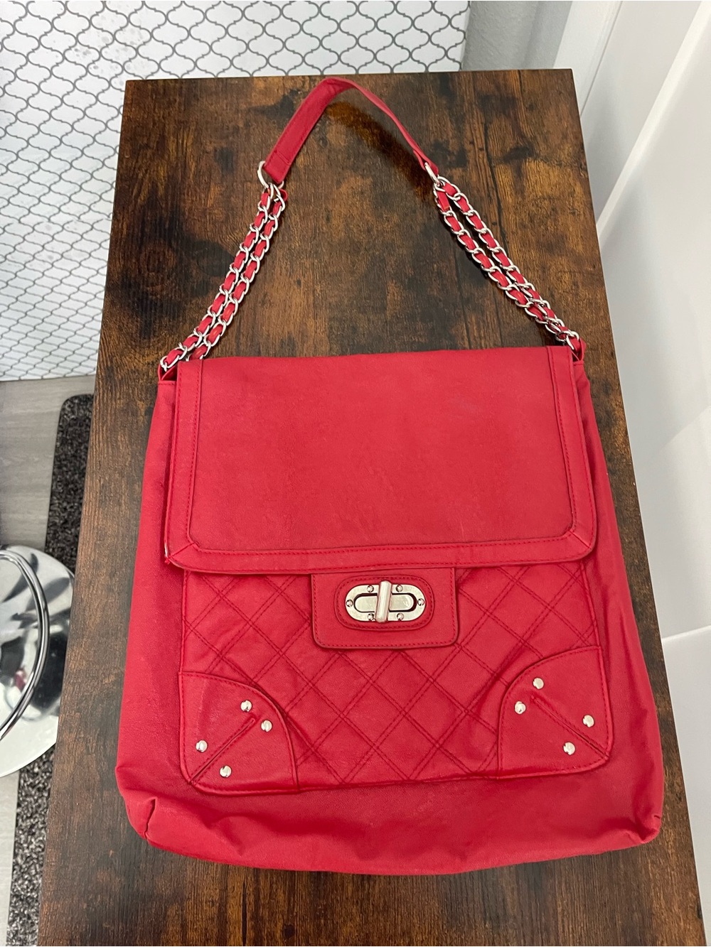 Red Quilted Shoulder Bag with Chain Strap